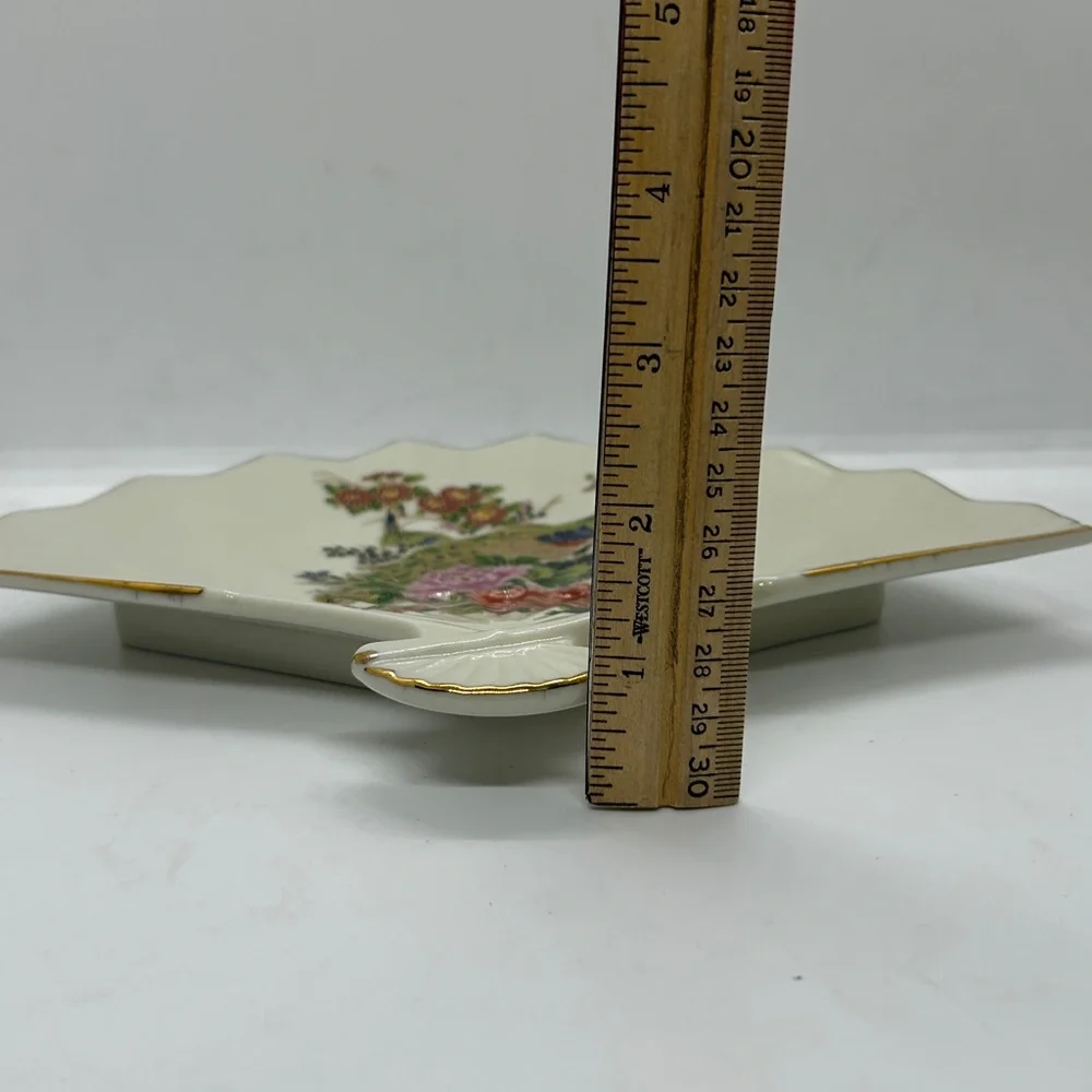 Vintage Japanese Porcelain Fan Trinket Dish Peacock W/ Flowers Scalloped Edge